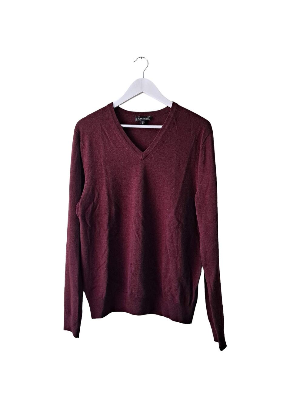 Express Mens Burgundy Merino Wool Pull Over Sweater w Ribbed Cuffs & Hem - M